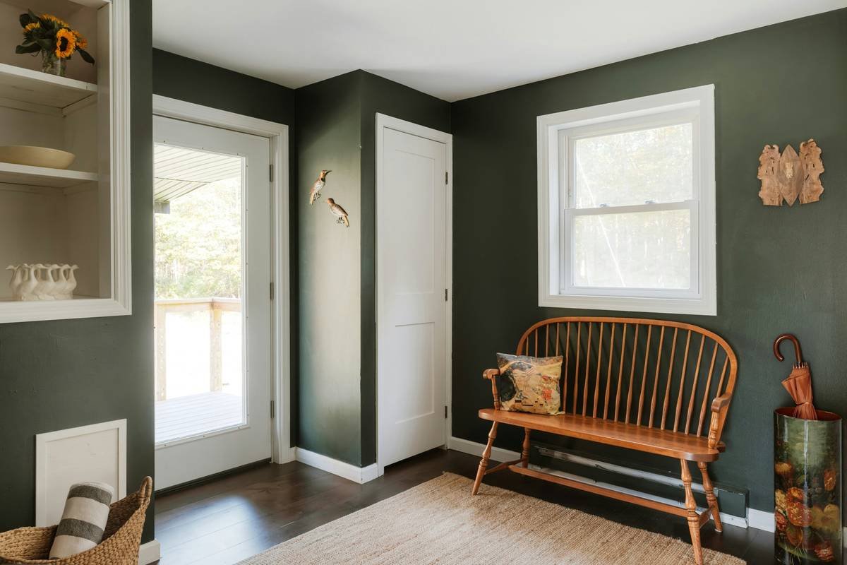 entryway benches with shoe storage in modern farmhouse hallway